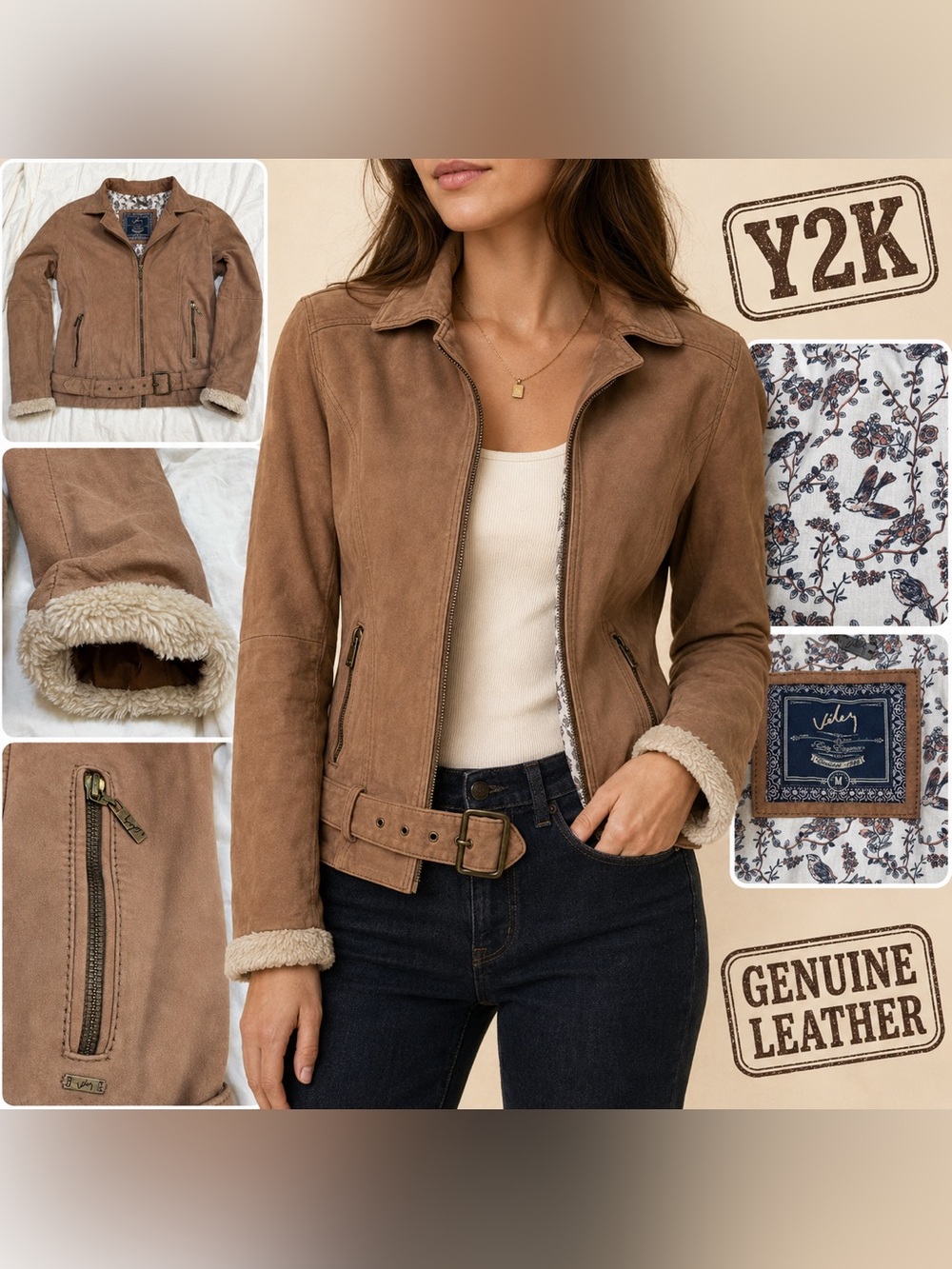 Y2K Velez Genuine Leather Moto Jacket Floral Lined Belted Brown M